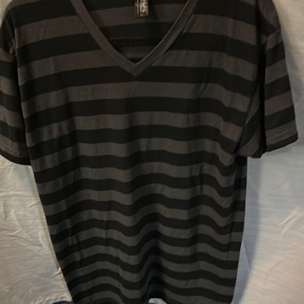 Black and Gray Striped V-Neck T-Shirt